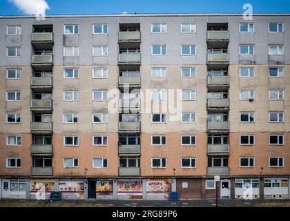 Facade of 'York House', a large block of flats in Thorpe Edge (Bradford).  The building has been run down, there are proposals for demolition. UK 2023 Stock Photo