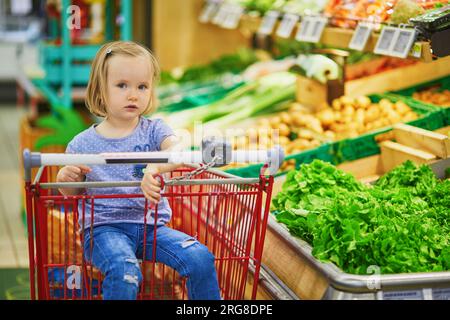 Adorable toddler girl sitting in the shopping cart in a food store or a supermarket. Little kid going shopping. Healthy food for kids Stock Photo