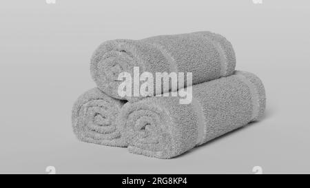 White three towels roll on white background, White spa towels pile isolate. Empty rolled fabric terry mockup, isolated. Clean domestic hotel towel for Stock Photo