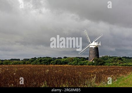 A view of the six storey tower windmill by the A149 coast road in North Norfolk at Burnham Overy Staithe, Norfolk, England, United Kingdom. Stock Photo