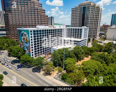 Austin, TX, USA - July 24, 2023: Aerial photo The LINE Austin Hotel Stock Photo