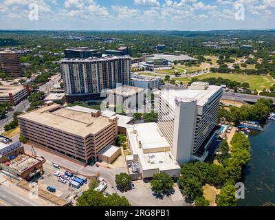 Austin, TX, USA - July 24, 2023: Aerial photo Hyatt Regency Hotel Austin Stock Photo