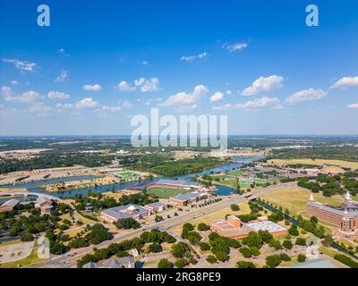 Waco, TX, USA - July 24, 2023: Aerial photo Baylor University on the Brazos River Stock Photo