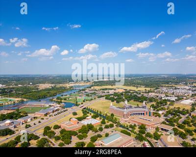 Waco, TX, USA - July 24, 2023: Aerial photo Baylor University on the Brazos River Stock Photo