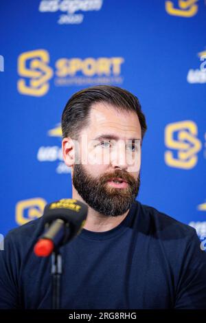 Munich, Germany. 08th Aug, 2023. Tennis: Media roundtable with experts and commentators on Sportdeutschland.TV's broadcast of the US Open 2023 in New York. Björn Beinhauer, Managing Director of Sportdeutschland.TV, speaks at the press conference. Credit: Matthias Balk/dpa/Alamy Live News Stock Photo