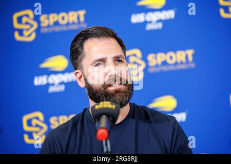 Munich, Germany. 08th Aug, 2023. Tennis, media round with experts and commentators on Sportdeutschland.TV's broadcast of the US Open 2023 in New York: Björn Beinhauer, Managing Director of Sportdeutschland.TV, speaks at the press conference. Credit: Matthias Balk/dpa/Alamy Live News Stock Photo