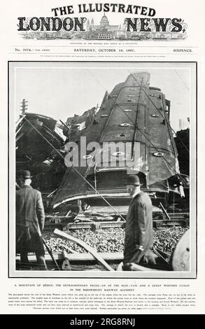 Shrewsbury rail accident, showing the roof of the Great Western Railway coach which was piled up on the top of the engine when train left the rails. Stock Photo