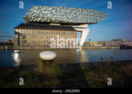 View of the Antwerp Port Authority building, the work of architect Zaha Hadid located on the Zaha Hadidplein square in the port of Antwerp, Belgium, A Stock Photo