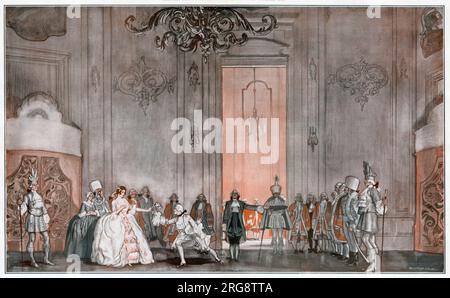 DER ROSENKAVALIER Octavian presents the Silver Rose to Sophie in Act II: from the Covent Garden production with Delia Reinhardt and Elizabeth Schumann Stock Photo