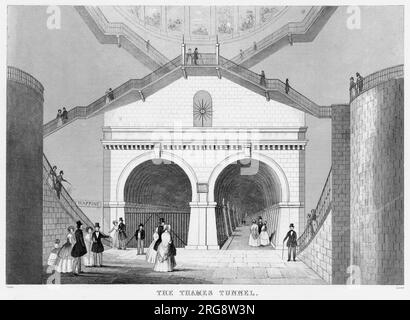 A view of the entrance to the Wapping-Rotherhithe tunnel under the Thames, the world's first underwater tunnel, completed by Marc Brunel in 1843. The tunnel was used by pedestrians from 1843 to 1865, before being converted for railway use. Stock Photo