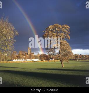 A rainbow over Worcester, with the Cathedral in the distance. Stock Photo