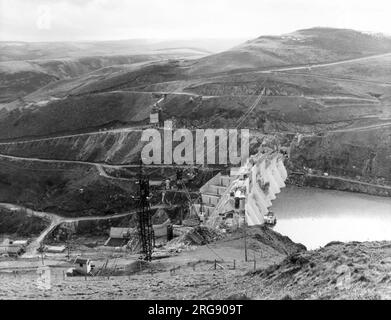 The Clywedog Dam nearing completion, Montgomeryshire, Wales. It was built to regulate the flow of water in the River Severn. Stock Photo