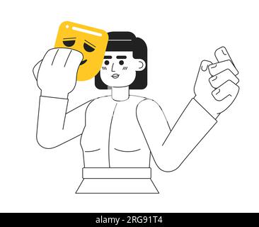 Attractive asian woman holding comedy mask monochromatic flat vector character Stock Vector