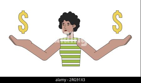 Cute woman holding dollar signs on hands flat line color vector character Stock Vector