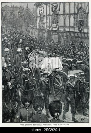 Arriving at Windsor for Queen Victoria's last journey before being interred beside Prince Albert. The coffin was placed on the gun carriage to be pulled by the white horses, but however, the horses began to act up and were so unruly that they broke harness. The funeral mourners where unaware of the problem and had to come back. Quickly alternative arrangements had to be made, a naval guard of honor found a communications cord and turned into impromptu harness and the Blue Jackets Sailors themselves then pulled the queen's funeral carriage. Stock Photo