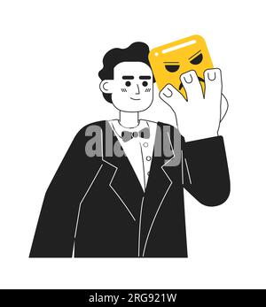 Happy arabian man holding tragedy mask monochromatic flat vector character Stock Vector