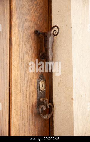 Unusual door handle in the form of an animal, wooden door Stock Photo