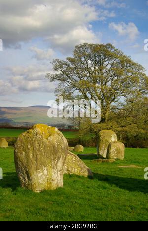 Long Meg and Her Daughters, near Penrith and Little Salkeld, Cumbria.  This is the third largest stone circle in England, composed of an oval ring measuring 300 by 360 feet, and several large outlying stones, the largest and tallest of these being Long Meg, the 'mother stone' (not visible in this picture). Stock Photo