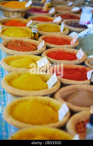 Different kinds of spices and dried herbs on a farmer market in Cucuron, Provence, France Stock Photo