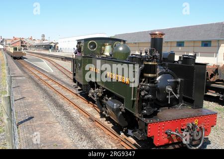 View of the Aberystwyth terminus of the Vale of Rheidol Railway, Wales, with the number 8 steam locomotive in the foreground.  This is a narrow gauge heritage railway which runs between Aberystwyth and Devil's Bridge in the county of Ceredigion. Stock Photo