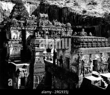 Kailash Temple, (also Kailasa Temple) one of the 34 monasteries and temples, extending over more than 2 km, that were dug side by side in the wall of a high basalt cliff in the complex located at Ellora, Maharashtra, India. Stock Photo