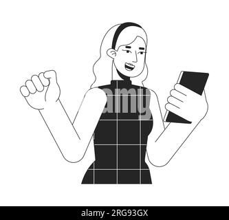 Cheerful lady looking on phone flat line black white vector character Stock Vector