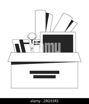 Square cardboard box with personal belongings flat monochrome isolated vector object Stock Vector