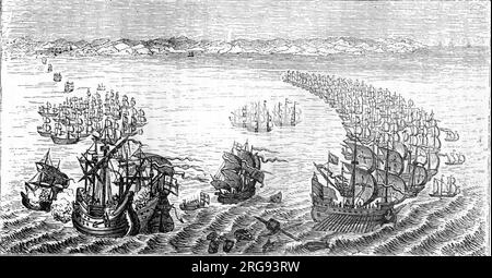 Spanish Armada Attacked By The English Fleet Stock Photo