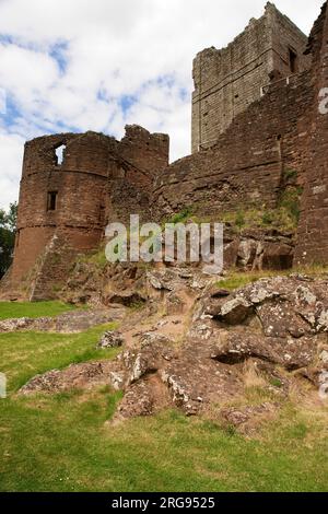 View of Goodrich Castle, near Ross on Wye, Herefordshire. The building was begun in the late 11th century by the thegn (thane) Godric, with later additions. It stands on a hill near the River Wye and is open to the public. Stock Photo