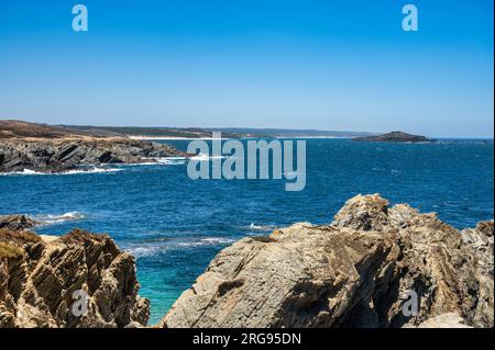 View of Pessegueiro island from Porto Covo in Alentejo Portugal Stock Photo