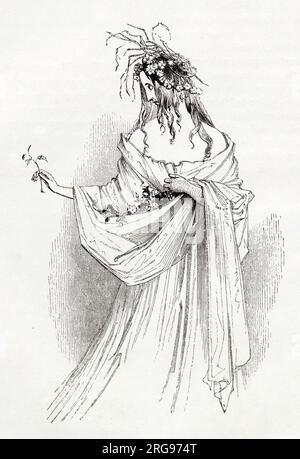 Illustration by Kenny Meadows to Hamlet, Prince of Denmark, by William Shakespeare. Ophelia with flowers and straws, having gone mad with grief following the death of her father Polonius. Stock Photo