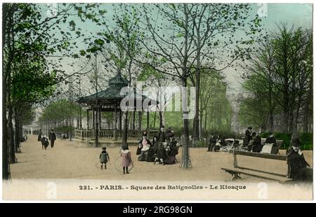 Scene in the Square des Batignolles, 17th arrondissement, Paris, France, with a bandstand in the middle. Stock Photo