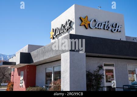 Lone Pine, CA, USA - February 9th, 2023 - Exterior of a Carls Junior restaurant  Stock Photo