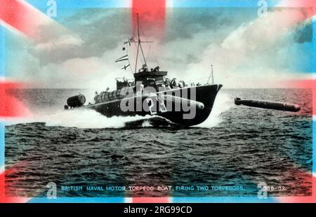 WW2 - Patriotic propaganda postcard from1939 showing a British Naval Torpedo Boat firing two torpedoes with a Union Flag backdrop. Stock Photo