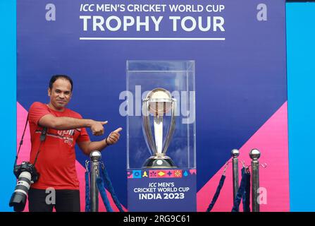 Journalists from different media poses for photograph after Bangladesh national team players enjoyed some moments with the ICC Cricket World Cup 2023 Stock Photo