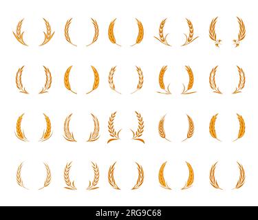 Flat Vector Agriculture - Cereal Wreath, Wheat Set Isolated. Organic Wheat, Rice Ears. Design Template for Bread, Beer Logo, Packaging, Labels Stock Vector