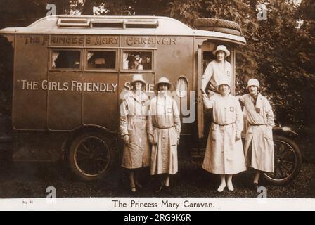 The Princess Mary Caravan. The Girls' Friendly Society supported young women by help in finding work, providing hostels etc. The caravan, shown here with GFS workers, was purchased in 1922 as a mobile publicity unit, the cost being met by Princess Mary, a strong supporter of the Society. Stock Photo