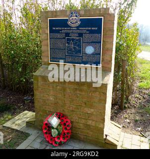 This commemorates the Battle of Mount Sorrel, Observatory Ridge, and has a bas relief map of the action of 2 June 1916. It was unveiled on 22 October 2011. Stock Photo