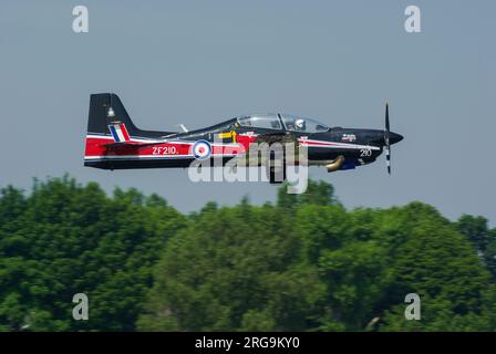 Royal Air Force Short Tucano T1 training plane ZF210 in 2008, specially painted for air displays. Flying low at Biggin Hill airshow. Stock Photo