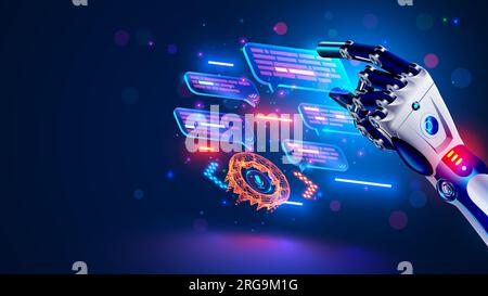 Business chatbot programming development. Robot chatbot holds chat bubble in hand. Online virtual bot with AI selects answer options in messenger or s Stock Vector