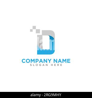 Abstract initial letter D logo geometric shape with square pixel dots. Vector illustration Stock Vector