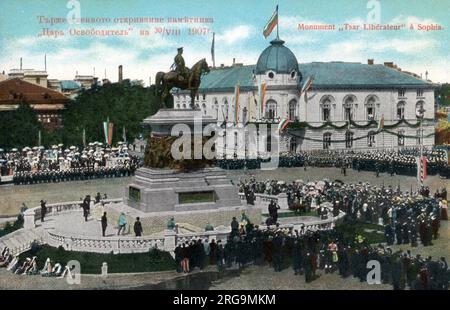 The Inauguration (on 30th August, 1907) of The equestrian Monument to the Tsar Liberator in the centre of Sofia, the capital of Bulgaria. It was erected in honour of Russian Emperor Alexander II who liberated Bulgaria from Ottoman rule during the Russo-Turkish War of 1877-78. The monument  is located on Tsar Osvoboditel Boulevard, facing the National Assembly of Bulgaria Stock Photo