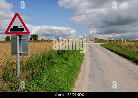 Tank crossing sign on the Salisbury Plain Training Area, Wiltshire. Stock Photo