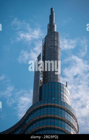 Unicredit tower, square Gae Aulenti, Milan, Italy. 8/8/2023. View of the Unicredit tower, the tallest skyscraper in Italy. Stock Photo