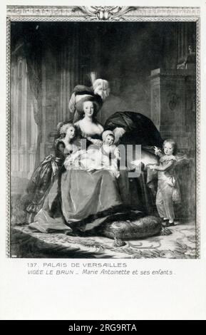 Reproduction of a painting of Marie-Antoinette de Lorraine-Habsbourg, queen of France (1755-1793), and her children by Elisabeth Louise Vigee Le Brun (1755–1842), a prominent French portrait painter of the late 18th century. Stock Photo