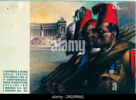 The card commemorates the first anniversary of the conquest of Ethiopia in 1936 and the adoption by Victor Emmanuel III, on 9 May 1936, of the title Emperor of Ethiopia. The inscription has the period printed as 9 Maggio 1936-XIV to 9 Maggio 1937-XV. The additional numbers XIV and XV relate to the year of Mussolinis accession. He came to power in 1922, and so 1936 is year XIV and 1937 is year XV. Stock Photo
