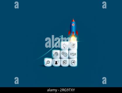 Rocket taking off on top of growth graph steps, rise arrow on white blocks with business strategy management icons on blue background. Startup goal ta Stock Photo
