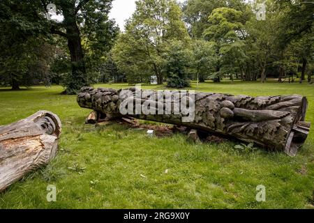 the Stammheim castle park in the district of Stammheim, public green area in which modern art is exhibited, Cologne, Germany. wooden sculpture 'Tote E Stock Photo