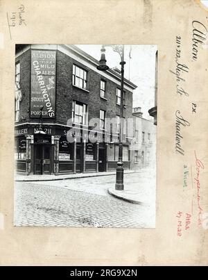 Photograph of Albion PH, Shadwell, London. The main side of the print (shown here) depicts: Corner on view of the pub.  The back of the print (available on request) details:  Nothing for the Albion, Shadwell, London E1W 3QZ. As of July 2018 . Closed in 1922. It is now demolished Stock Photo