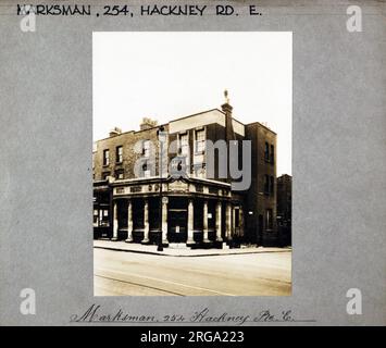 Photograph of Marksman PH, Hackney Road, London. The main side of the print (shown here) depicts: Corner on view of the pub.  The back of the print (available on request) details: Nothing for the Marksman, Hackney Road, London E2 7SJ. As of July 2018 . Individually owned Stock Photo